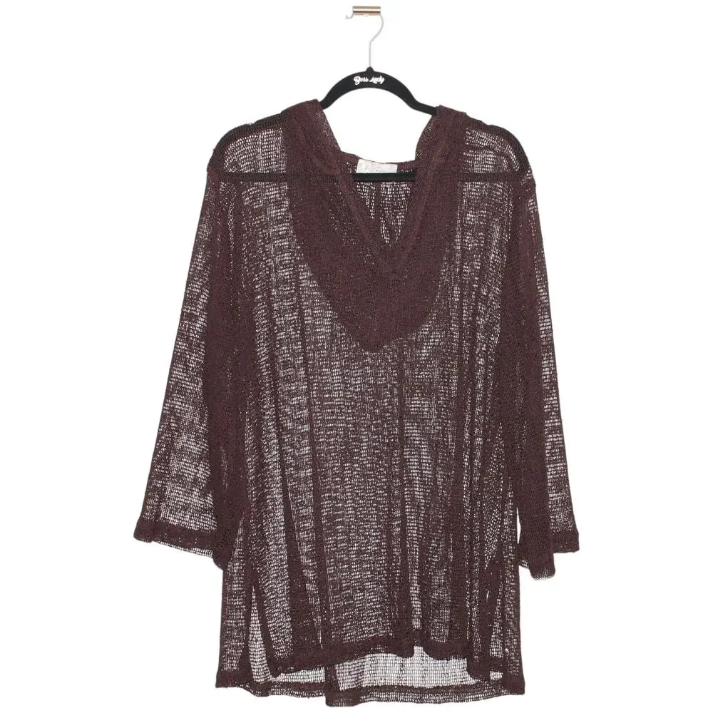 J. Valdi Brown Sequin Open Knit Swim Coverup Tunic Dress Size Large